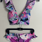Island Soul  Women's Floral Print Ruffle Bikini Purple Small Top Medium Bottoms Photo 0