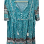 Boho Floral Print Mini Dress Turquoise White Tassel Tie Neck Babydoll L Blue Size L Photo 0