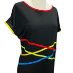 Citrine Shift Dress Women 12 Black Cap Sleeve Colorful Stripes Stretch Mod Retro Photo 4