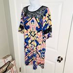 Socialite  Watercolor Floral Geometric Black Lace Yoke Mini Dress Royal Blue S Photo 4