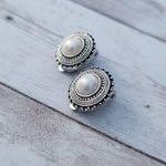 Vintage Clip On Earrings Faux Pearl with Fancy Silver Tone Halo Photo 2