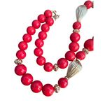 Vintage 80s Red Acrylic Bead Necklace Gold Textured Accents Made In Korea 30" Photo 3