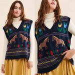 Free People Navy Horse Isles Knit Sweater Vest Medium Equestrian Cottage EUC Black Photo 5