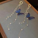 Crystal Butterfly Pearl Tassel Long Dangle Drop Earrings for Women Gold Photo 1
