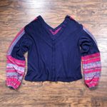 Free People • Copenhagen thermal knit top balloon sleeve mixed media navy red Photo 10