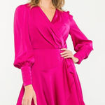 Vicci | XS | Dress Satin Wrap Ruffle Mini Magenta Cuffed Sleeve V Neck Flutter Pink Photo 0