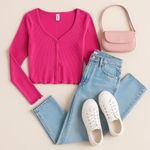 Abound  Women's Long Sleeve Scoop Neck Button Front Crop Knit Top Hot Pink XL NWT Photo 0