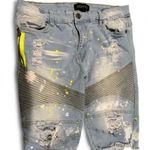 Blue and Yellow Jean Shorts with Distressed Moto Design Size 36 Photo 0