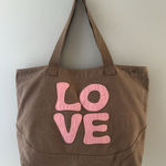 Life is Good Brown LOVE Canvas Tote Bag Pink Letters Beach Grocery Sustainable * Photo 0