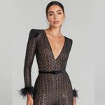 Nadine Merabi Rachel Black Lace Feather Trim Plunge V Photo 4