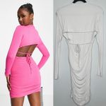 Naked Wardrobe Ruched Long Sleeve Open Back Mini Dress in Cream Photo 2