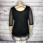 Dawn Ramu NWT Size XL Black Crochet Lace Overlay Fringe Trim Blouse Top Photo 3