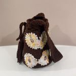 Handmade Women's Brown Floral Sunflower Crochete Bucket Shoulder Bag Mochila Photo 1