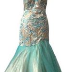 FORMAL GOWN Mermaid Embellished Aqua/Nude Tulle Skirt Ilusion Mesh Beaded Neck Size M Photo 1