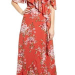 WAYF  Red Floral Print Chiffon Midi‎ Dress Ruffle Off The Shoulder Size Small New Photo 0