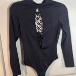 Victoria's Secret Lace Front Long Sleeve Back Cut Out Black Gold Bodysuit Small Photo 4