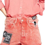 ZARA Faded Coral Pink Denim High Waisted Cut Off Jean Shorts "Space" Patches Photo 0