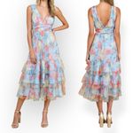 Lulus Perfectly Divine Blue Floral Tulle Tiered Ruffle Midi Dress Sz M NWT Size M Photo 1
