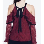 WAYF Lace Blouse Womens Small Burgundy Off Shoulder Sheer Helena Ruffle Tie Photo 2