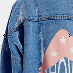 Howdy Lip Print Button Front Denim Jacket. medium blue wash. Size XS Photo 2