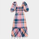 Vineyard Vines  mocked‎ puff sleeve midi dress mallard blue plaid women’s size XS Photo 1