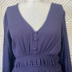 Pookie & Sebastian Smocked Bell Sleeve Top in Navy Photo 4