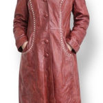 Vintage 70s Burgundy Leather Longline Trench Coat White Whipstitch Western Ranch Red Photo 0