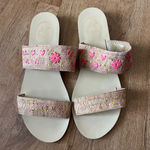 Jack Rogers  Women's Adair Sandals Pink Floral Embroidered Cork Straps Photo 0