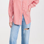 FAVORITE DAUGHTER Red White Stripe Pattern Front Button Open Hem Shirt sz Large Photo 0
