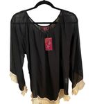 Avani Black Sheer Cream Fringe Tunic Top Cover up Resortwear Boho Western Fall Size XL Photo 2