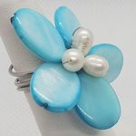 Adjustable Blue Mother Of Pearl & White Freshwater Pearls Flower Ring Blue Photo 1