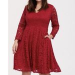 Torrid  Red Lace Long Sleeve V Neck Skater Stretch Flare Dress Size 2X Photo 1