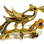 American Vintage Vintage PEACOCK BIRD BROOCH 1.5" Gold Pheasant Pin Rhinestone Flowers Branch Photo 0
