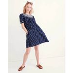 Madewell  Embroidered Puff-Sleeve Babydoll Dress in Indigo Plaid Photo 2
