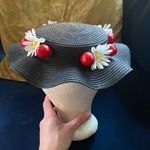 Disney NWT Adult Mary Poppins Black Straw Hat Boater Hat with Cherries Flowers Photo 8