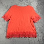 Chico's  Shirt Coral Orange Slub Lace Hem Top Womens XL Scalloped Crochet Detail‎ Photo 2