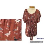 Seven7 Melissa McCarthy for allover bird print tie waist flutter sleeve rust top Photo 1