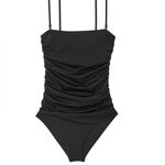 None Solid Black Ruched Square Neck Cheeky One-Piece Swimsuit Size Medium Photo 2