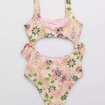 Aerie NWT Tie Cut Out One Piece Swimsuit Lip Gloss L Photo 5