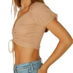 Blue Blush Puff Sleeve Mesh Gathered Crop Top Beige Size Large NWT Photo 2