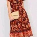 Old Navy Dress Defined Waist Chiffon Ruffle Midi Red Orange Floral LP #2208 Photo 0