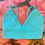 neon bright blue teal v neck ribbed sports bra Photo 0