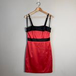 Vtg BCBG Paris Satin Ruffle Bodycon Mini Dress Women's 6 Red Black Cocktail Y2K Photo 2