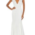 Mac Duggal  68137  Womens White Feather Shoulder Satin V Neck Gown Dress Photo 0