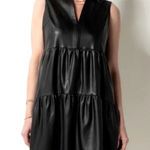 Tart  woman’s black vegan faux leather tiered mini dress‎ NWOT SMALL Photo 0