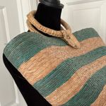 Handmade  Paper Straw Green and Tan Striped Tote Photo 1