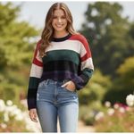 Luv Lane  Sweater Womens Medium Multicolor Striped Cropped Chunky Knit Crewneck Photo 11