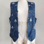 90s Vintage Bobbie Brooks Denim Floral Embroidered Cut Out Vest Boho L Blue Size L Photo 0