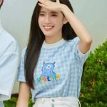 Ganni Blue Gingham Women's Knit Top with Cute Monster Print Photo 2