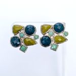 Vintage Clip On Earrings Statement Artsy Green & Blue Tones Large 1.25" Photo 0